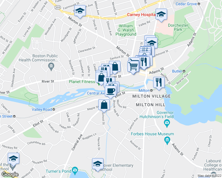 map of restaurants, bars, coffee shops, grocery stores, and more near 14 Central Avenue in Milton