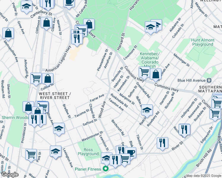 map of restaurants, bars, coffee shops, grocery stores, and more near 124 Wood Avenue in Boston