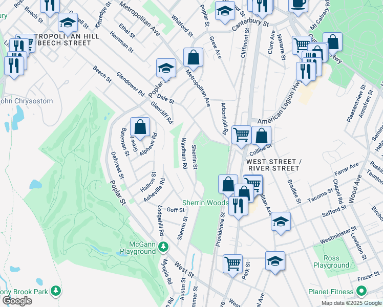 map of restaurants, bars, coffee shops, grocery stores, and more near 76 Windham Road in Boston