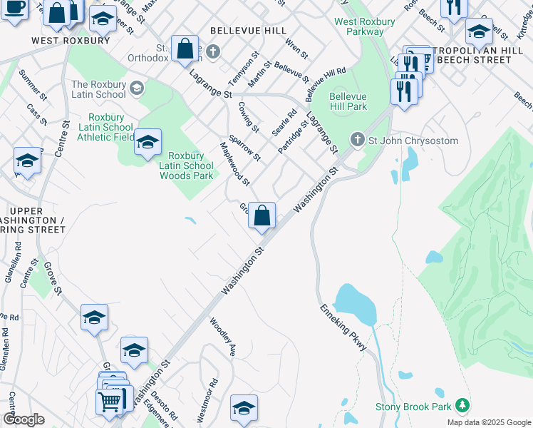 map of restaurants, bars, coffee shops, grocery stores, and more near 4891 Washington Street in Boston