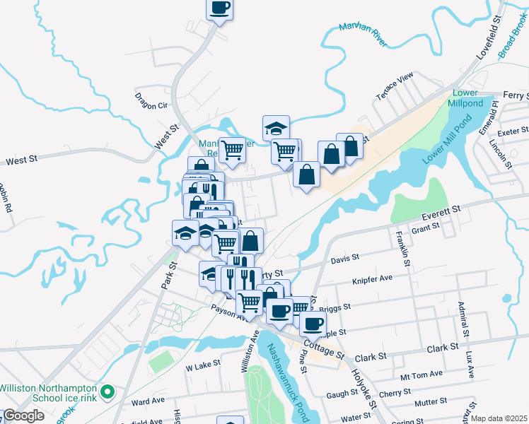 map of restaurants, bars, coffee shops, grocery stores, and more near 24 High Street in Easthampton