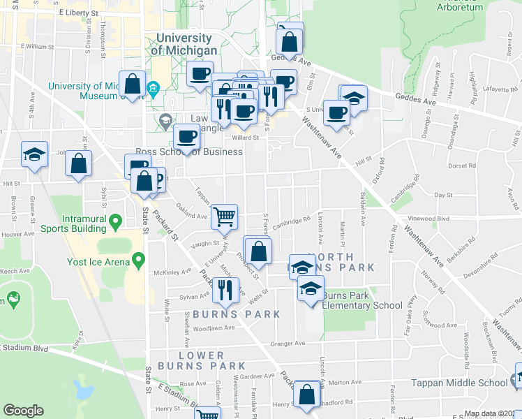 map of restaurants, bars, coffee shops, grocery stores, and more near 1305 Cambridge Road in Ann Arbor