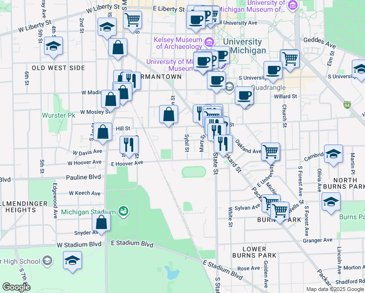 map of restaurants, bars, coffee shops, grocery stores, and more near 920 Sybil Street in Ann Arbor