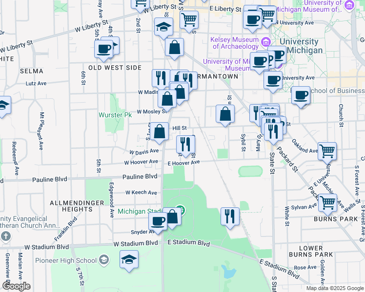 map of restaurants, bars, coffee shops, grocery stores, and more near 145 East Hoover Avenue in Ann Arbor