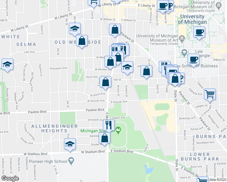 map of restaurants, bars, coffee shops, grocery stores, and more near 110 East Davis Avenue in Ann Arbor