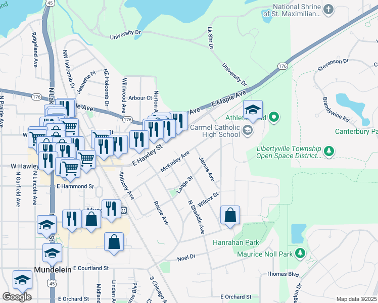 map of restaurants, bars, coffee shops, grocery stores, and more near 719 McKinley Avenue in Mundelein
