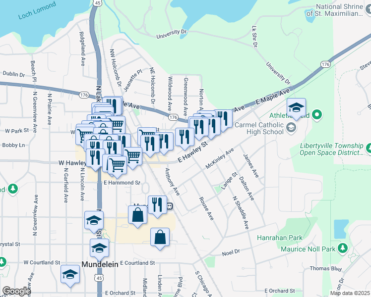 map of restaurants, bars, coffee shops, grocery stores, and more near 516 East Hawley Street in Mundelein