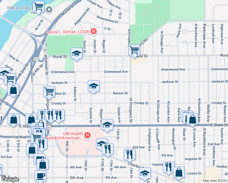 map of restaurants, bars, coffee shops, grocery stores, and more near 1535 Benton Street in Rockford