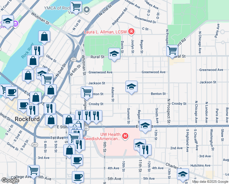 map of restaurants, bars, coffee shops, grocery stores, and more near 324 Adams Street in Rockford