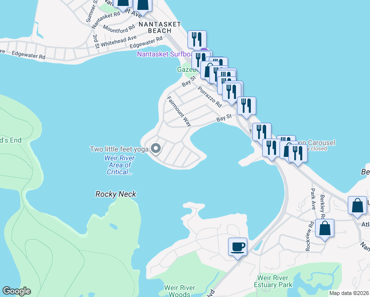 map of restaurants, bars, coffee shops, grocery stores, and more near 12 Mayflower Avenue in Hull