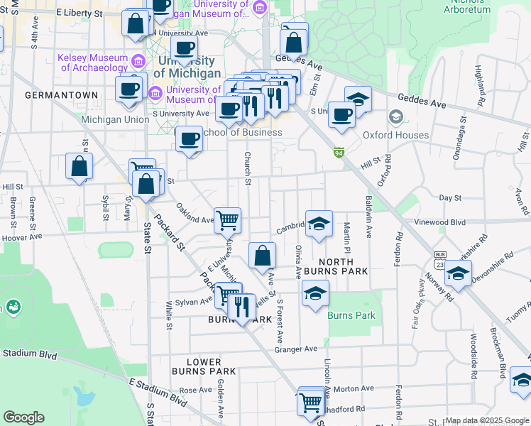 map of restaurants, bars, coffee shops, grocery stores, and more near 930 South Forest Avenue in Ann Arbor