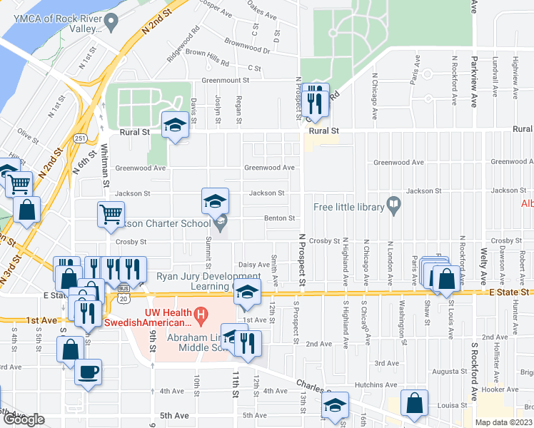 map of restaurants, bars, coffee shops, grocery stores, and more near 1538 Benton Street in Rockford
