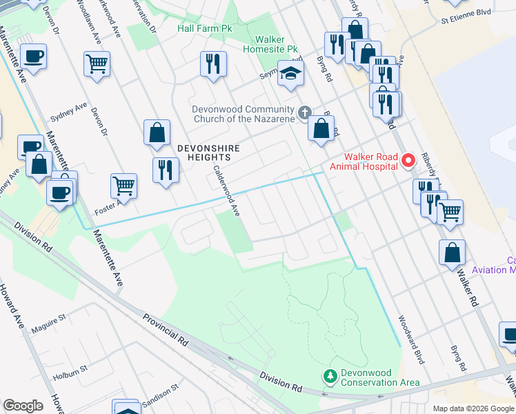 map of restaurants, bars, coffee shops, grocery stores, and more near 3556 Innerkip Crescent in Windsor