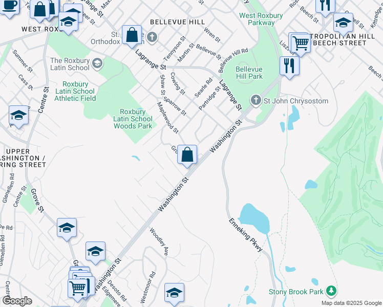 map of restaurants, bars, coffee shops, grocery stores, and more near 8 Maplewood Street in Boston