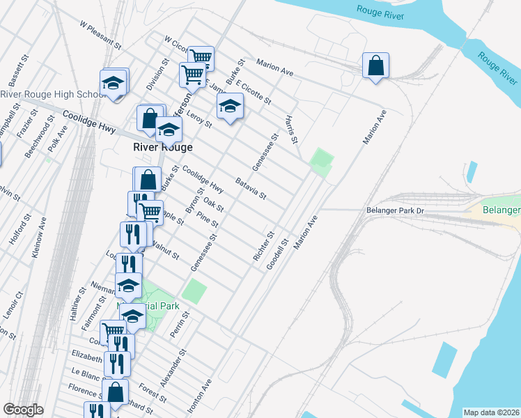 map of restaurants, bars, coffee shops, grocery stores, and more near 949 Coolidge Highway in River Rouge