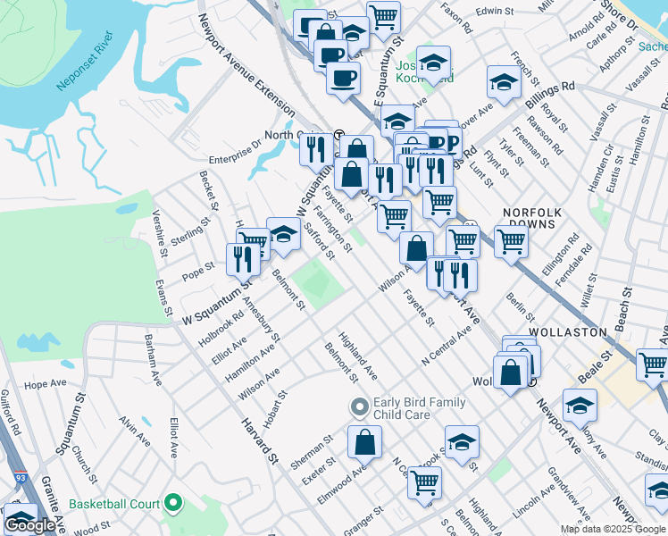 map of restaurants, bars, coffee shops, grocery stores, and more near 77 Safford Street in Quincy