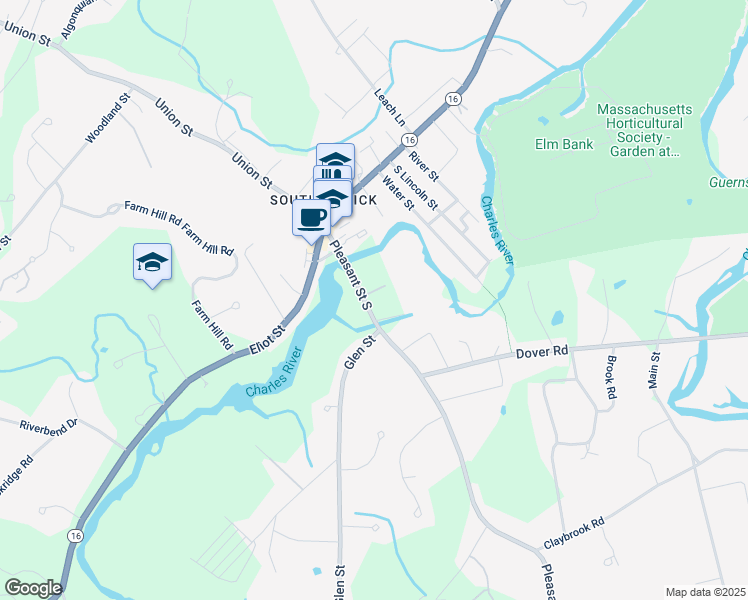 map of restaurants, bars, coffee shops, grocery stores, and more near 18 Pleasant Street South in Natick