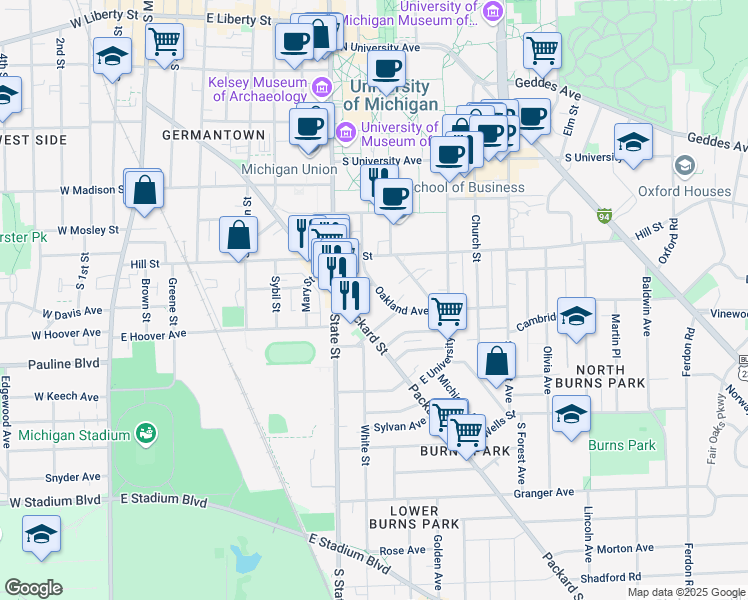 map of restaurants, bars, coffee shops, grocery stores, and more near 908 Oakland Avenue in Ann Arbor