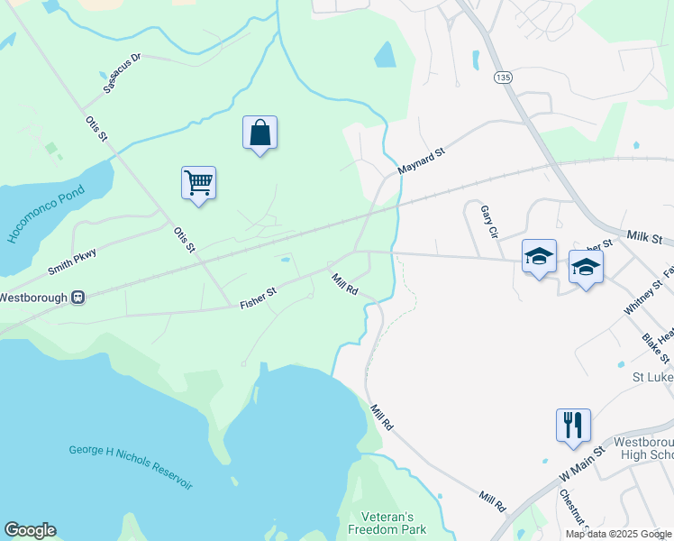 map of restaurants, bars, coffee shops, grocery stores, and more near 60 Mill Road in Westborough