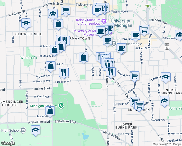 map of restaurants, bars, coffee shops, grocery stores, and more near 908 Sybil Street in Ann Arbor