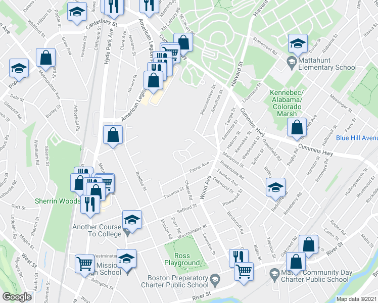 map of restaurants, bars, coffee shops, grocery stores, and more near 17 Victoria Heights Road in Boston