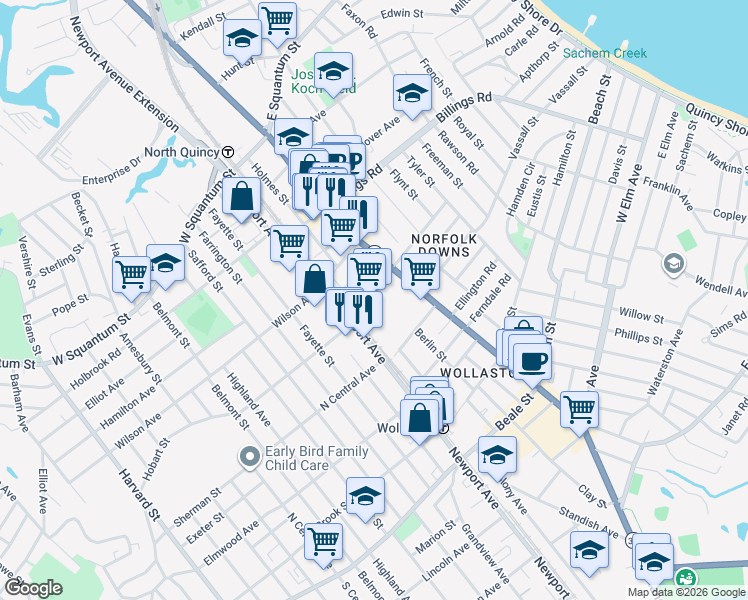map of restaurants, bars, coffee shops, grocery stores, and more near 477 Hancock Street in Quincy