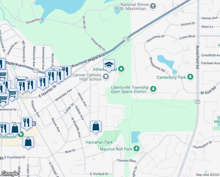 map of restaurants, bars, coffee shops, grocery stores, and more near 1 Carmel Parkway in Mundelein