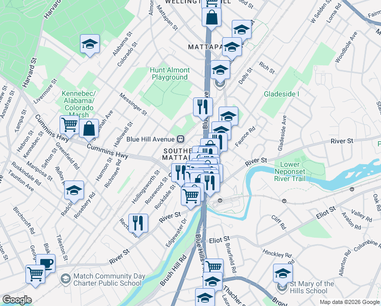 map of restaurants, bars, coffee shops, grocery stores, and more near 49 Rexford Street in Boston