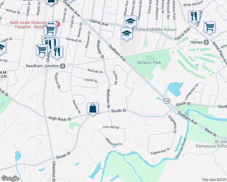 map of restaurants, bars, coffee shops, grocery stores, and more near 1122 Webster Street in Needham
