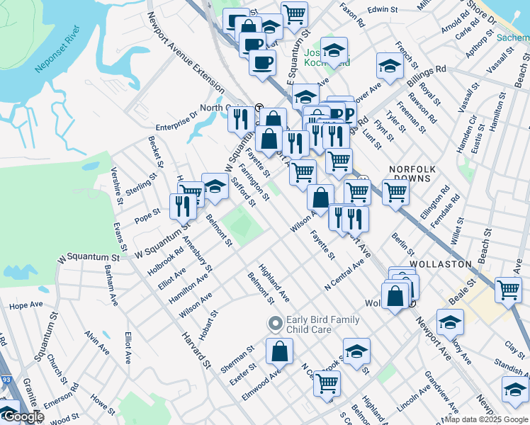 map of restaurants, bars, coffee shops, grocery stores, and more near 77 Safford Street in Quincy