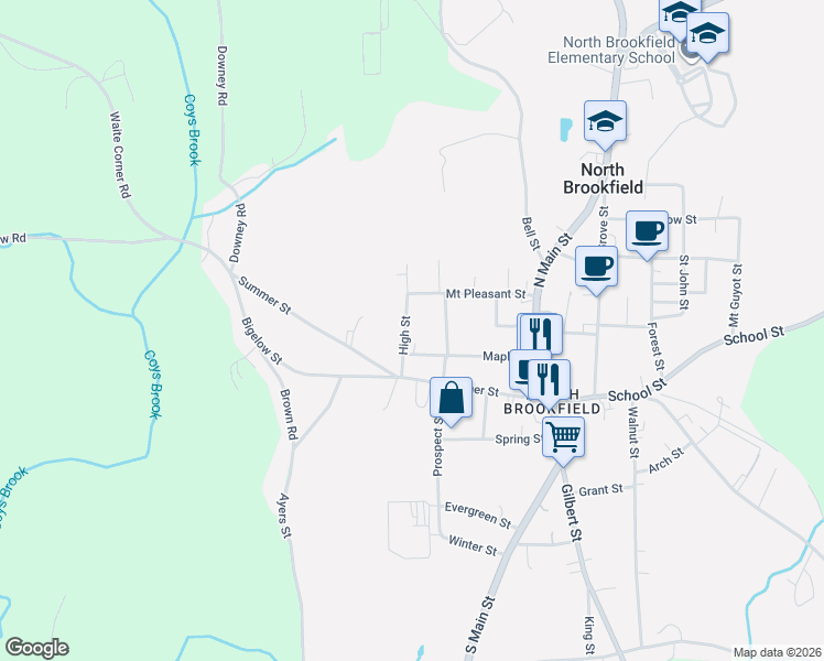 map of restaurants, bars, coffee shops, grocery stores, and more near 84 Maple Street in North Brookfield