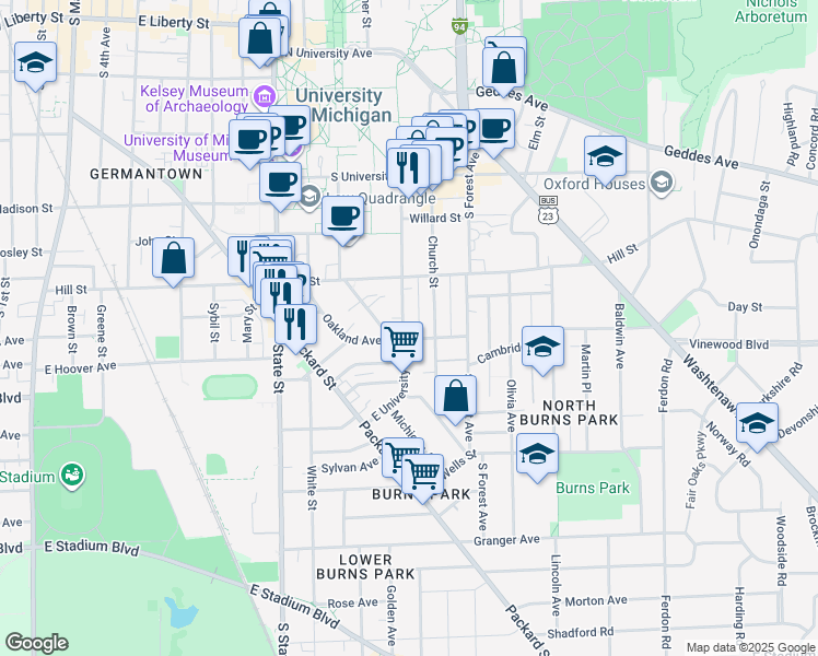 map of restaurants, bars, coffee shops, grocery stores, and more near 1036 Oakland Avenue in Ann Arbor