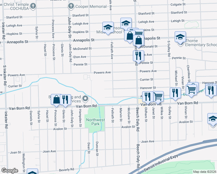 map of restaurants, bars, coffee shops, grocery stores, and more near 26132 Hanover Street in Dearborn Heights