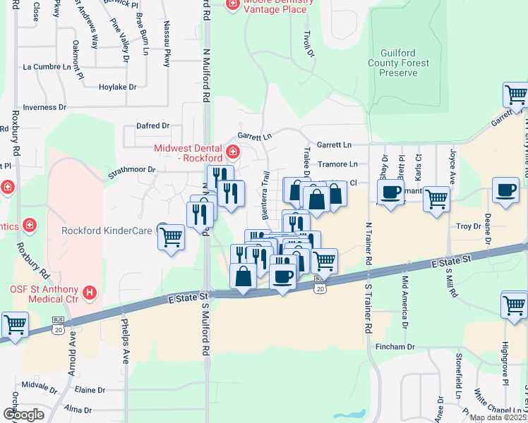 map of restaurants, bars, coffee shops, grocery stores, and more near 344 Bienterra Trail in Rockford
