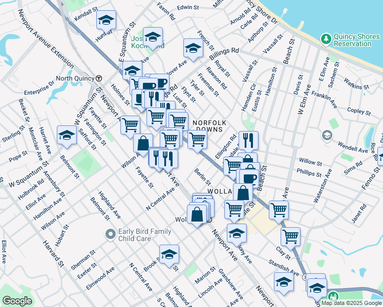 map of restaurants, bars, coffee shops, grocery stores, and more near 21 Linden Street in Quincy