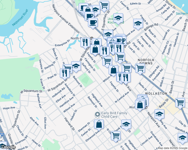 map of restaurants, bars, coffee shops, grocery stores, and more near 77 Safford Street in Quincy