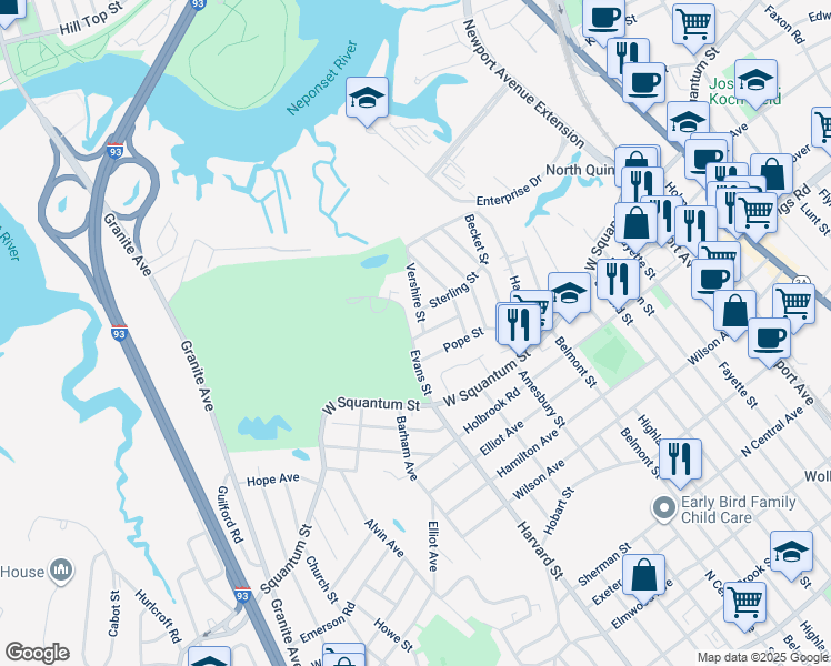 map of restaurants, bars, coffee shops, grocery stores, and more near 92 Evans Street in Quincy