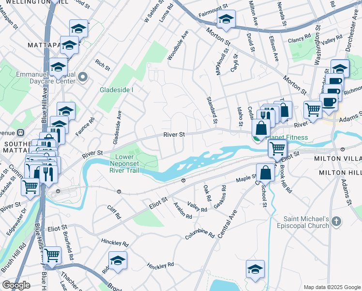 map of restaurants, bars, coffee shops, grocery stores, and more near 34 Meadowbank Avenue in Boston