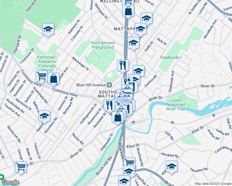 map of restaurants, bars, coffee shops, grocery stores, and more near 49 Rexford Street in Boston