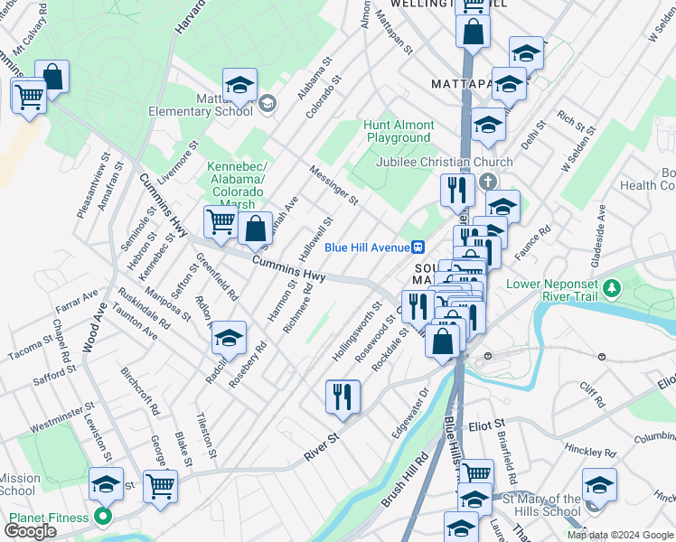map of restaurants, bars, coffee shops, grocery stores, and more near 7X Bismarck Street in Boston