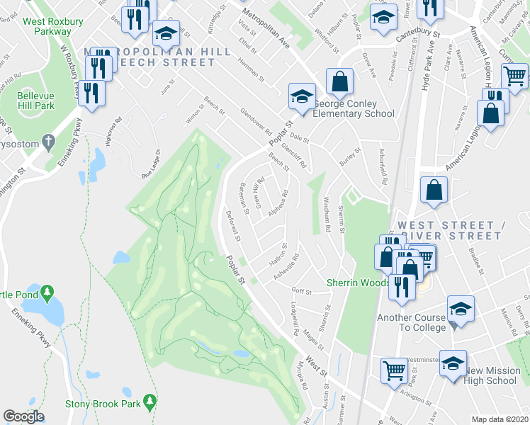 map of restaurants, bars, coffee shops, grocery stores, and more near 92 Alpheus Road in Boston