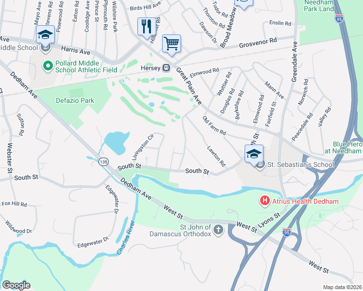 map of restaurants, bars, coffee shops, grocery stores, and more near 114 Green Street in Needham
