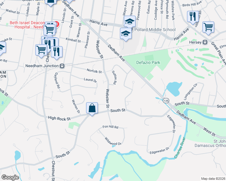 map of restaurants, bars, coffee shops, grocery stores, and more near 1122 Webster Street in Needham