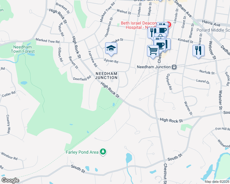 map of restaurants, bars, coffee shops, grocery stores, and more near 267 High Rock Street in Needham