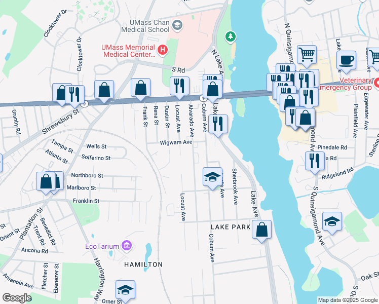 map of restaurants, bars, coffee shops, grocery stores, and more near 41 Locust Avenue in Worcester