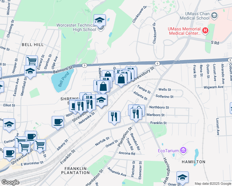 map of restaurants, bars, coffee shops, grocery stores, and more near 359 Shrewsbury Street in Worcester