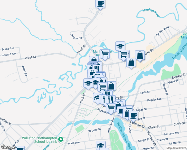 map of restaurants, bars, coffee shops, grocery stores, and more near 11 Union Street in Easthampton