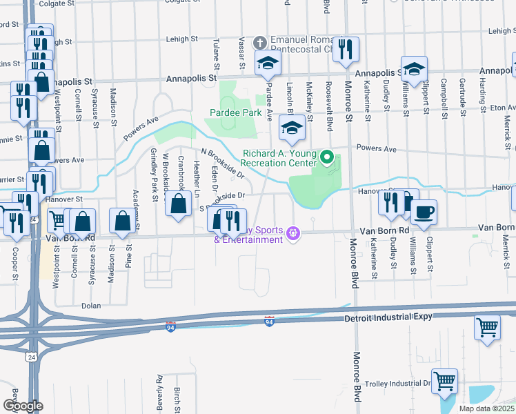 map of restaurants, bars, coffee shops, grocery stores, and more near 5730 Kaufman Street in Dearborn Heights