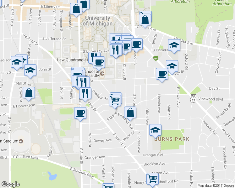 map of restaurants, bars, coffee shops, grocery stores, and more near 1036 Oakland Avenue in Ann Arbor