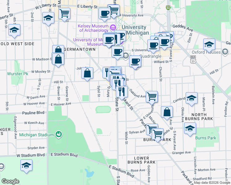 map of restaurants, bars, coffee shops, grocery stores, and more near 925 South State Street in Ann Arbor